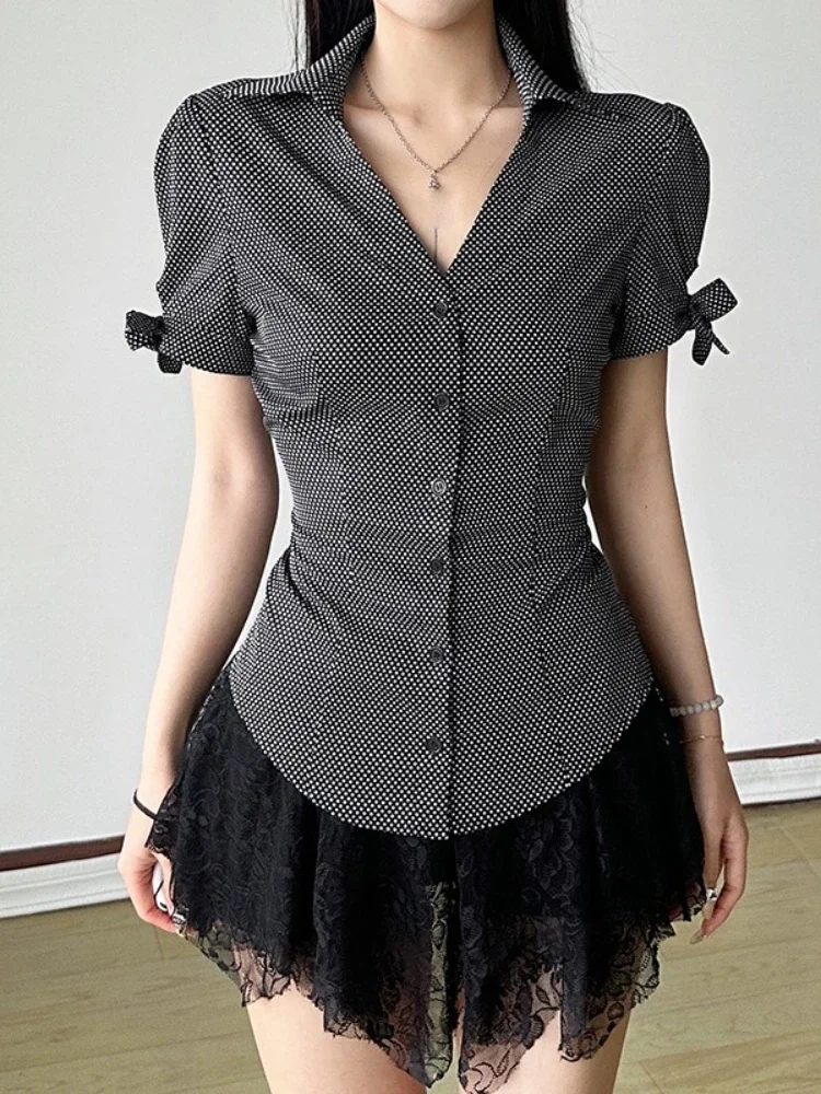 

Новинка 2025, винтажная эстетичная повседневная рубашка, женская темная академическая готическая уличная одежда Y2k, блузка в горошек с отложным воротником и пышными рукавами