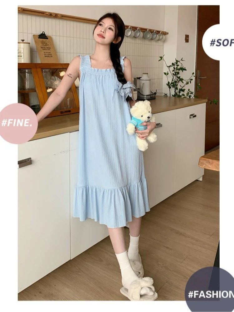 المرأة الحلو كشكش السباغيتي حزام ثوب النوم مطوي الملمس فضفاض سوينغ ماكسي فستان النوم لطيف ملابس غير رسمية الربيع الصيف