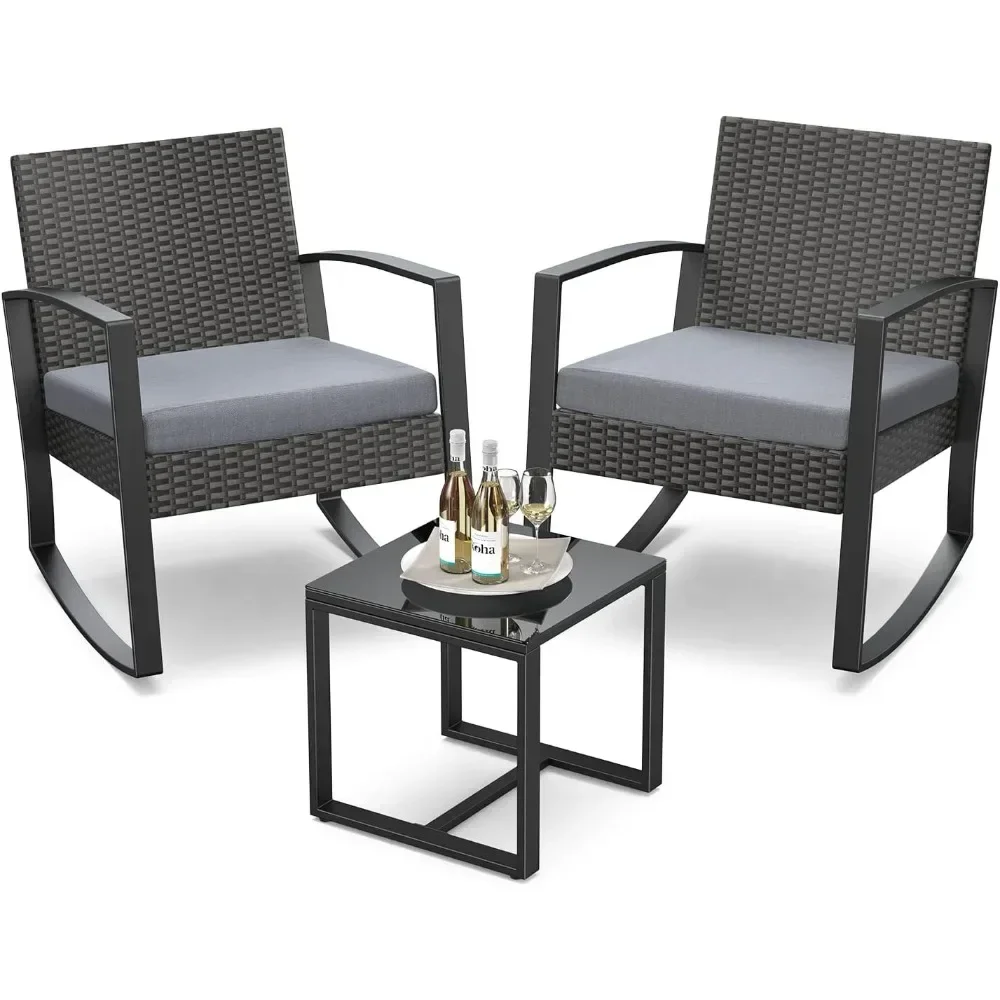 

Patio Furniture Set Rocking Bistro Set Outdoor Rattan Conversation with Coffee Table for Garden Balcony Backyard