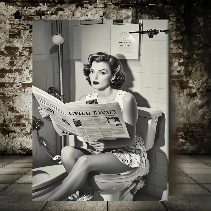 2D Flat, 2D Flat, Frameless Canvas Art, Depicting a Fashionable And Charming Woman Reading a Newspaper in a Bathroom, Ideal for