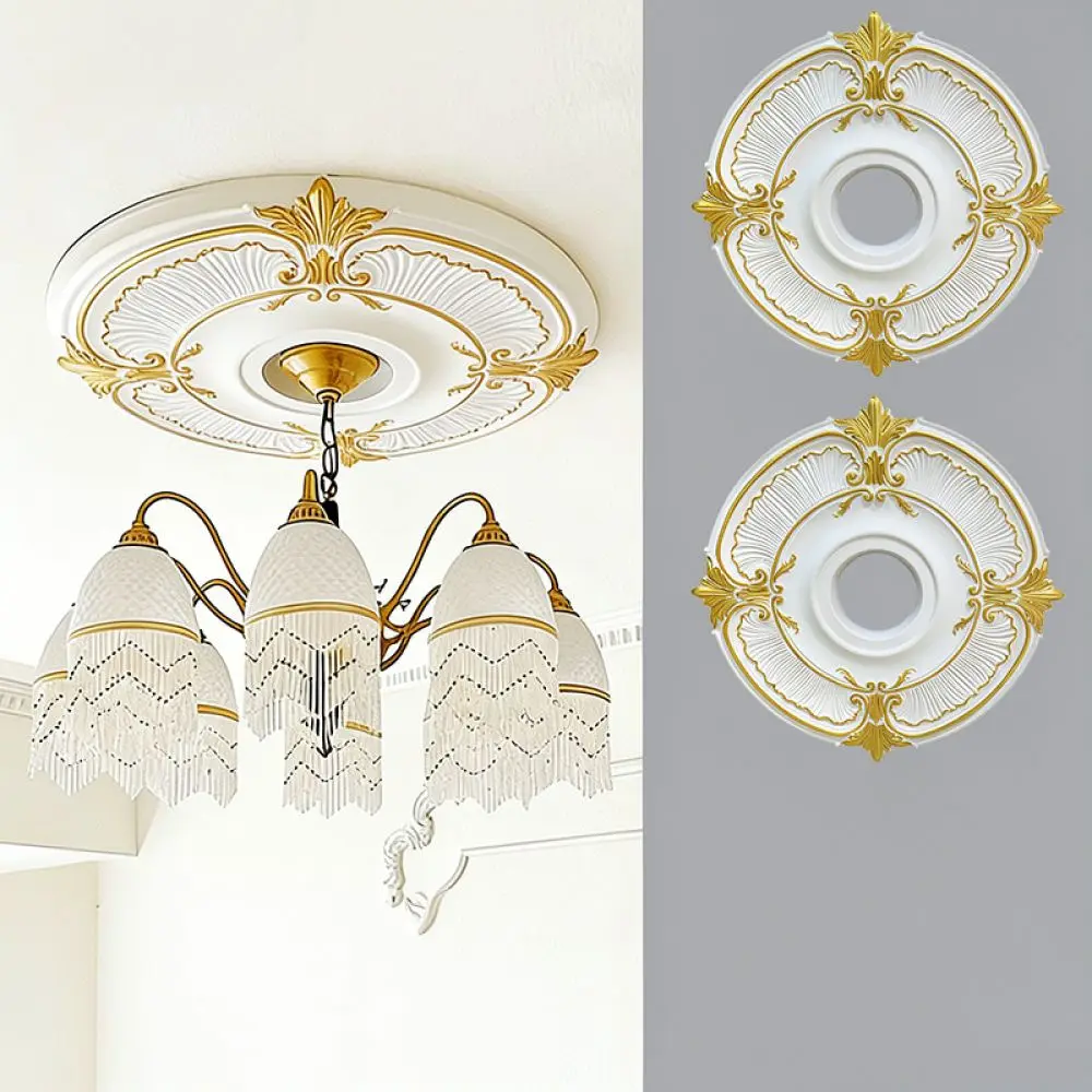 Decorative Ceiling Medallion For Light Fixture Base Round PU Painted Gold Relief Ornament American Interior Style