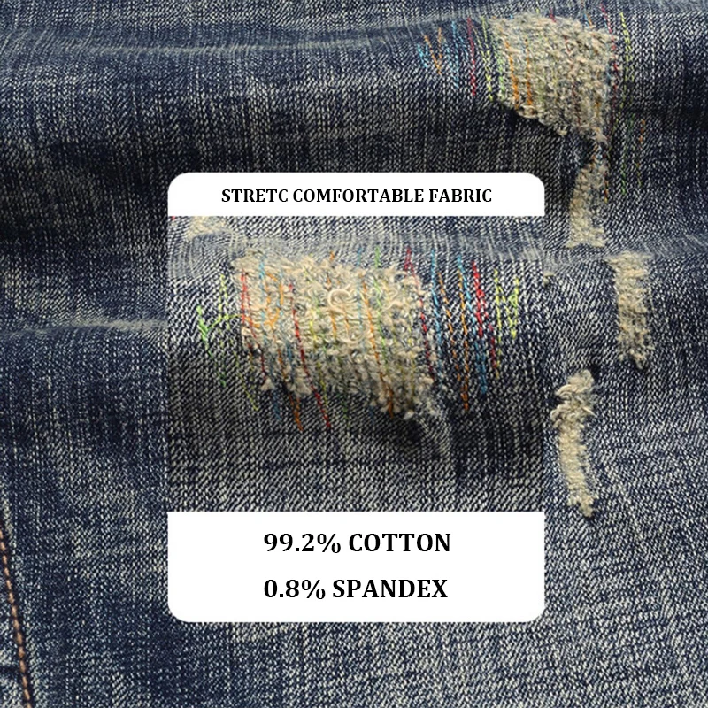 新作デザイナーファッションメンズジーンズレトロブラックブルーストレッチスリムフィットリップドジーンズメンズ刺繍パッチY2Kヴィンテージデニムパンツ