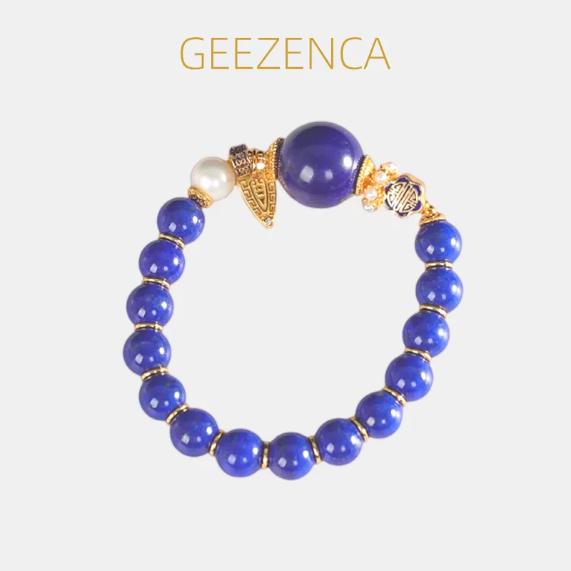GEEZENCA Natural Lapis Lazuli Bead Pearl Elastic Rope Chain Bracelet Women 925 Silver Luxury Vintage Statement Bracelets Gift