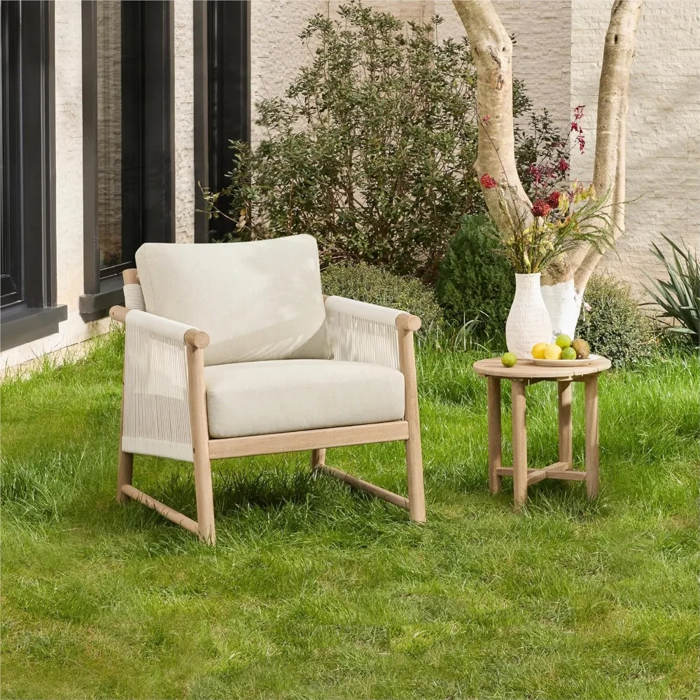 

Набор из ротанга в стиле бохо для патио, плетеный стул и приставной столик для улицы с каркасом из дерева акации (кремовый)