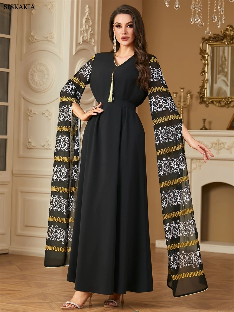 Siskakia Ramadan Mesh Embroidery Super Full Sleeves Abaya Tassel Kaftan Belt included Muslim Elegant Women Evening Dress