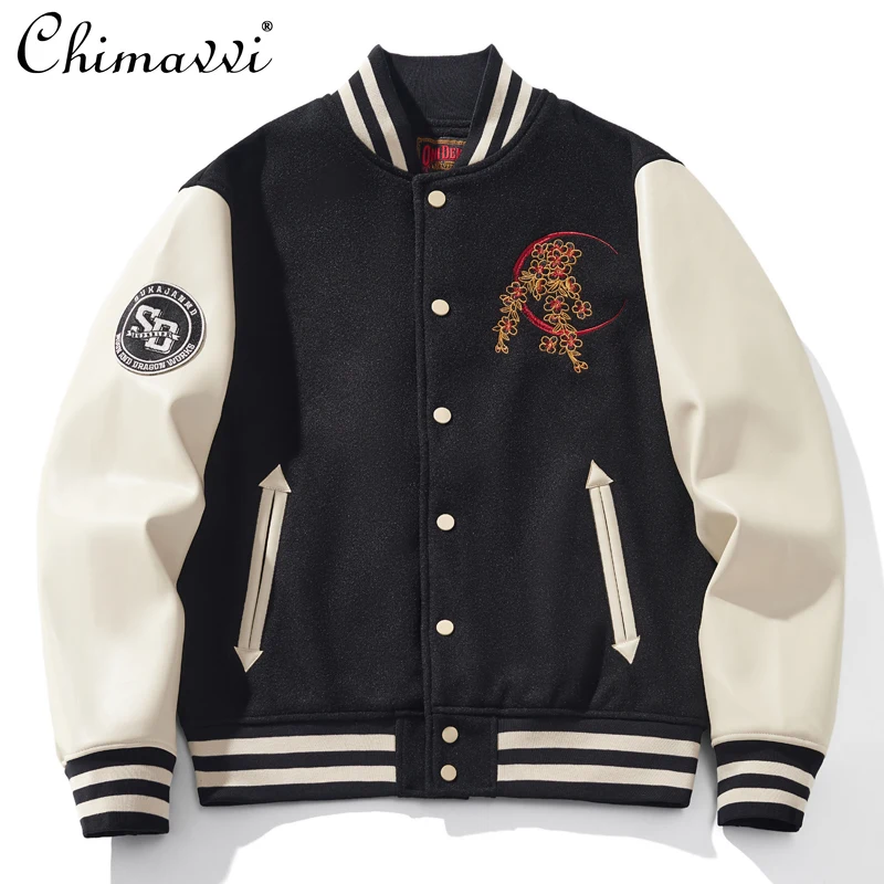 

Chinese Style Heavy Embroidery Yokosuka Men's Baseball Jacket 2025 Autumn New High-end Fashion Patchwork Leather Sleeve Top Coat