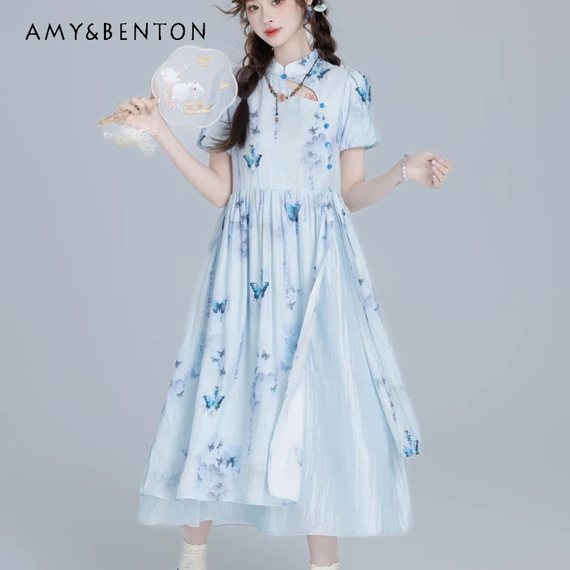 

2024 New Chinese Summer Casual Hollowed Out Light Blue Butterfly Print A Line Beautiful Waist and Thin Long Dress for Girls