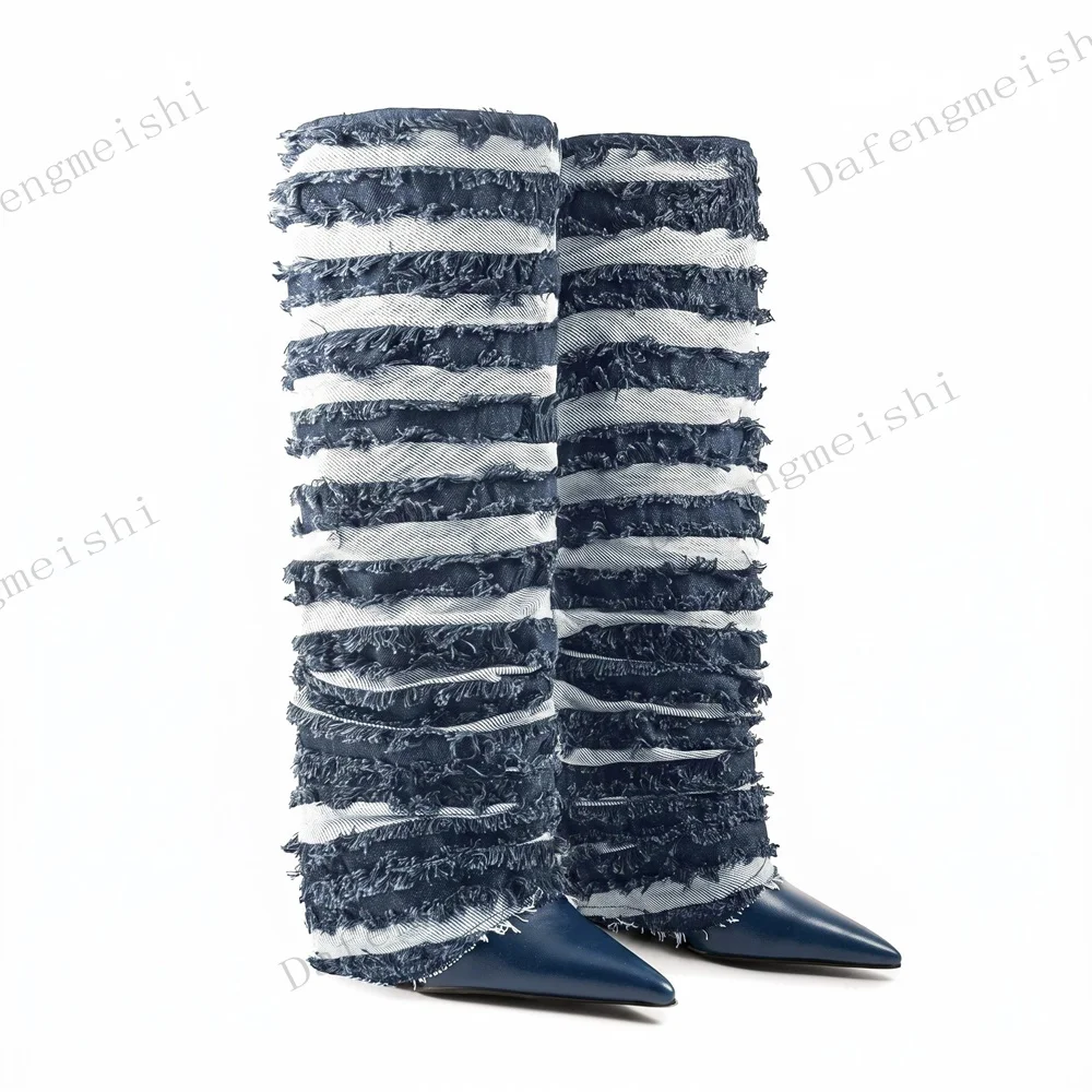 Women Blue Denim Fringe Knee High Boots Pointed Toe Wedges Heel Striped Frayed Layered Fashion Boots 2026 Winter Newest Boots