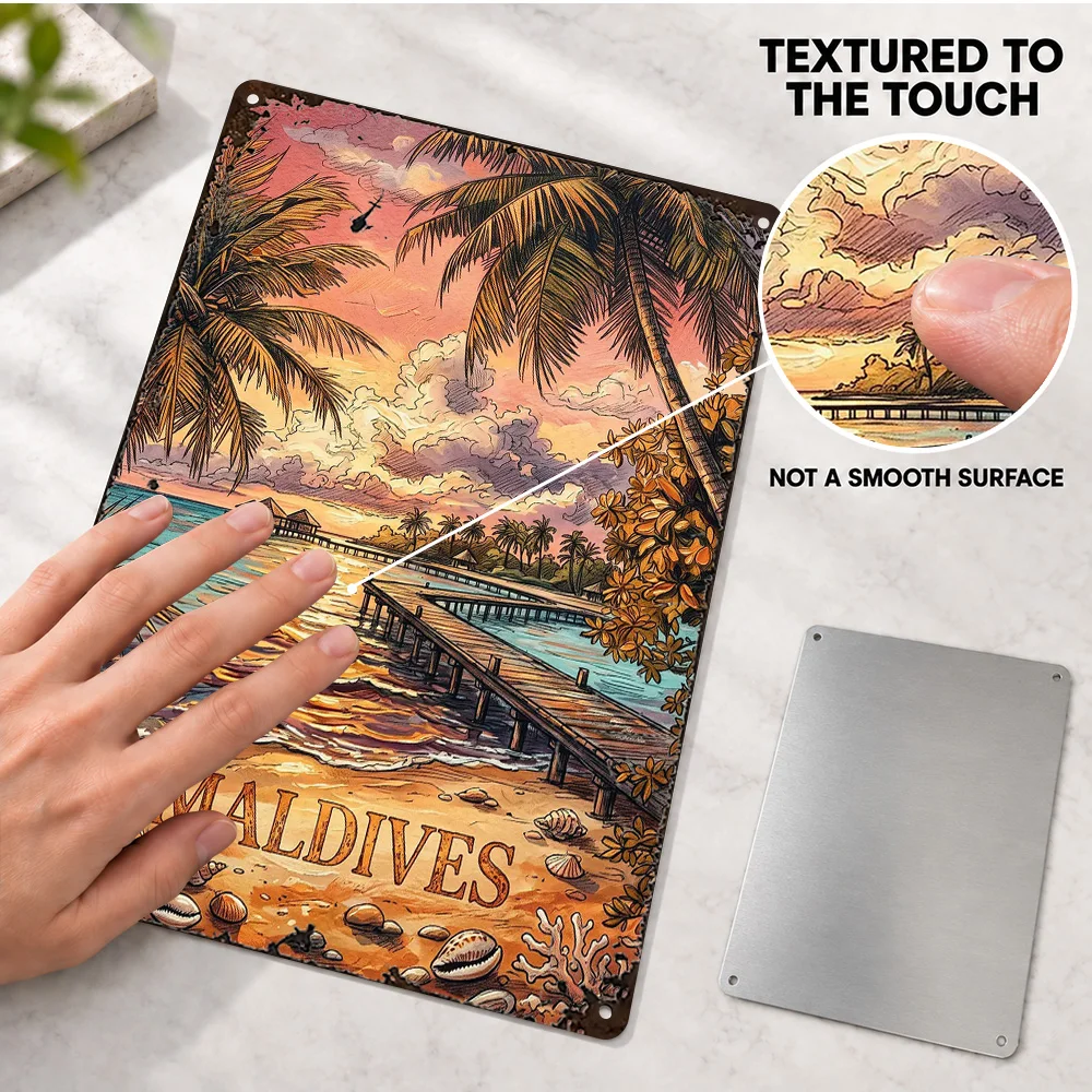 Maldives Tropical Sunset Aluminum Poster Retro Classic Tourism Graphic Wall Art For Office Personalized Metal Sign Couple Gift