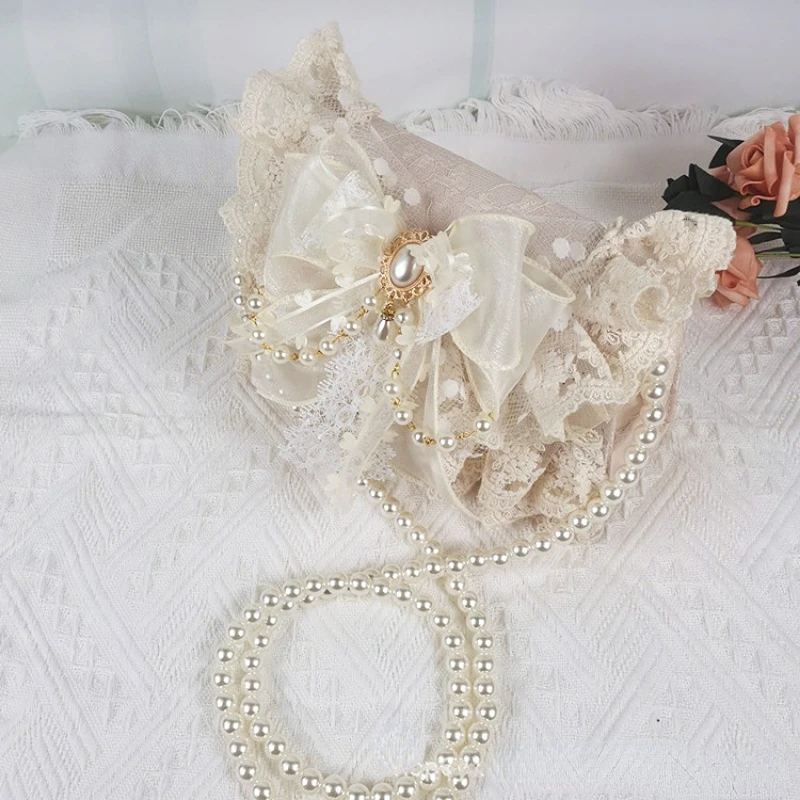 Lolita Gentle Girls Shoulder Bags Elegant Sweet Lace Bow Women\'s Handbags Fashion Cute Pearl Chain Top-Handle Y2k Aesthetic
