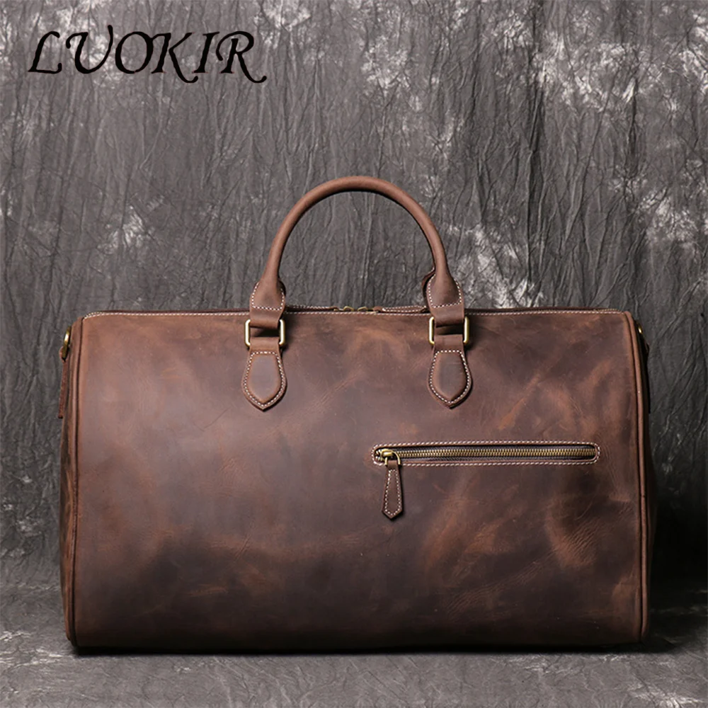 LUOKIR Genuine Leather Vintage Crazy Horse Leather Men's Handheld Travel Bag Shoulder Crossbody Luggage Bag Laptop Bag