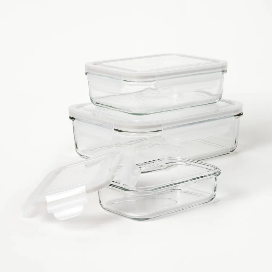 Set of 3 Clear Glass Food Storage Containers, 6 Pieces Total, Microwave Freezer Dishwasher Safe, Reusable Glass Meal Prep Boxes for Food Preservation