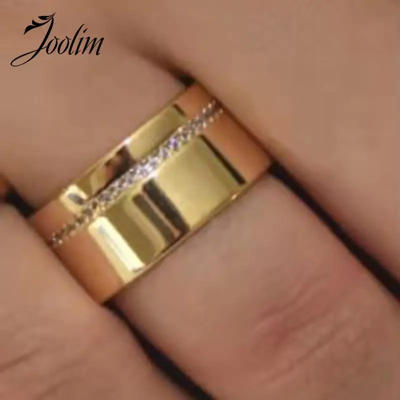 Joolim Jewelry High End PVD Wholesale Fashion Waterproof Thin Zircon Pave Wide Band Stainless Steel Ring For Women