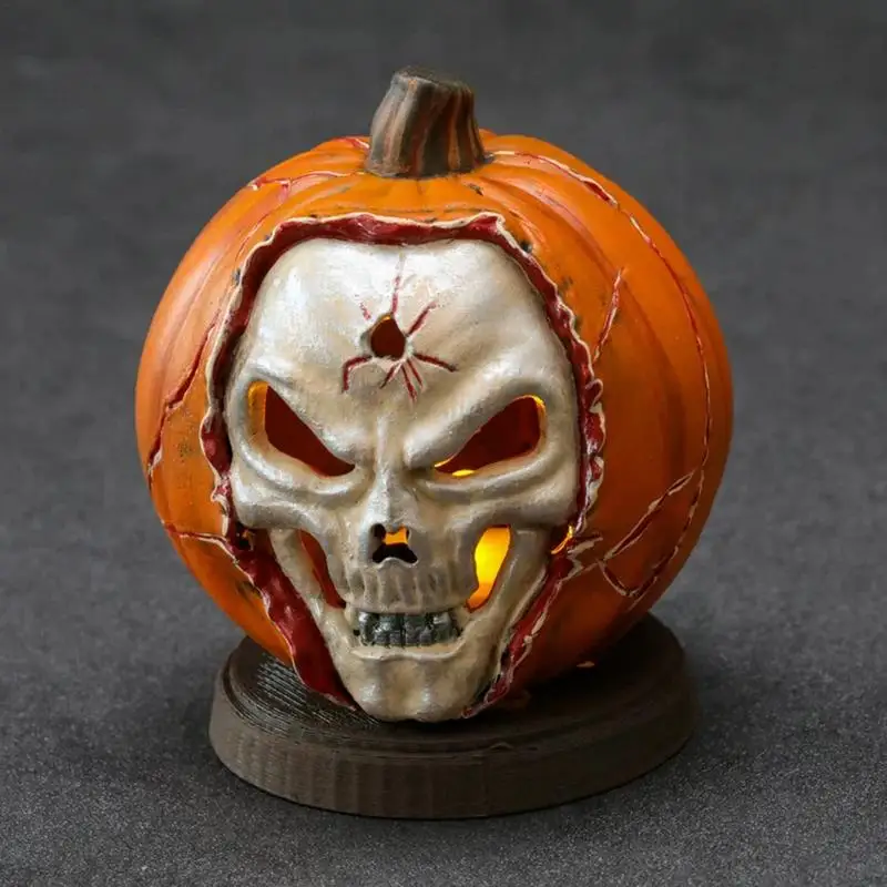 

Halloween Pumpkin Decorations LED Halloween Resin Skull Pumpkin Figurines Multifunctional Spooky Halloween Decor Decorative