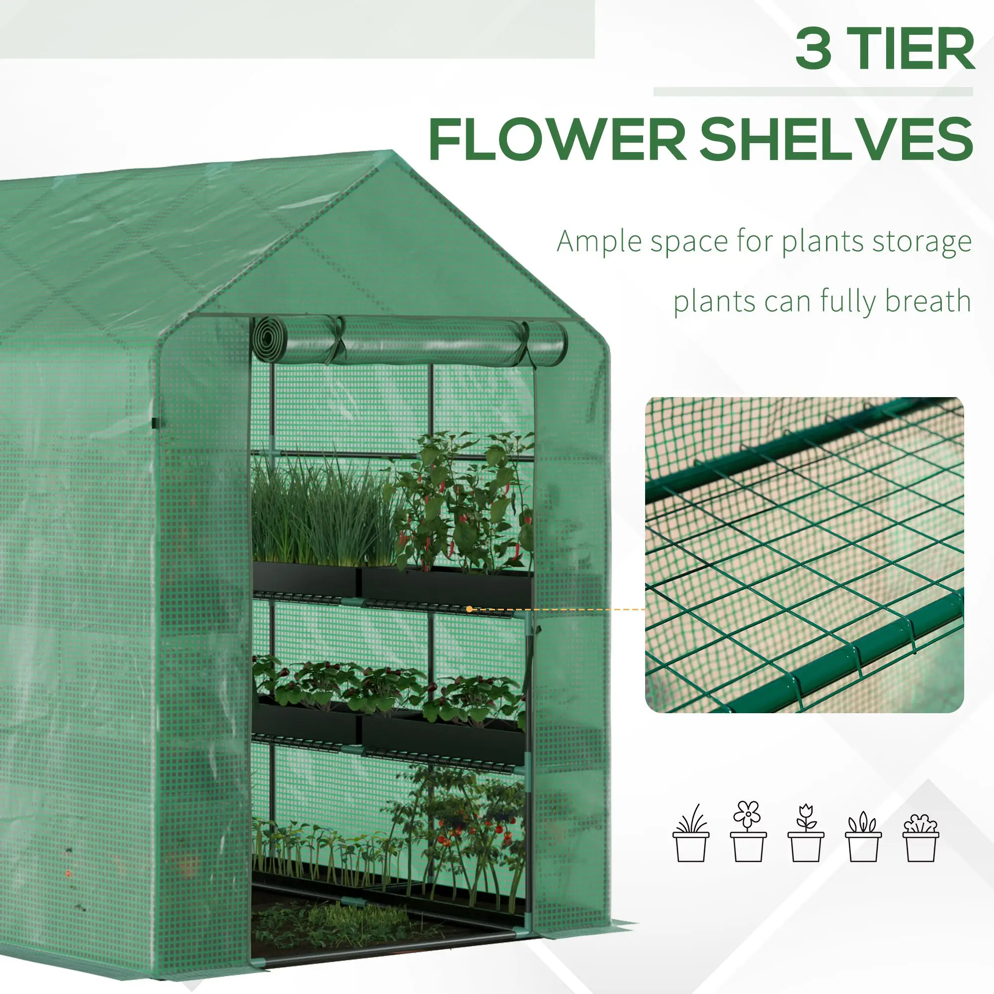 7' x 5' x 6' Walk-in Greenhouse for Outdoors with Mesh Door, 18 Shelf Hot House with Trellis, Plant Labels, UV Protective for Growing Flowers, Herbs, Vegetables, Saplings, Green