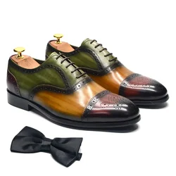 Luxury Italian Men's Social Dress Shoes Handmade Genuine Leather Cap Toe Oxfords Lace-up Brogue Wedding Party Formal Shoe Men