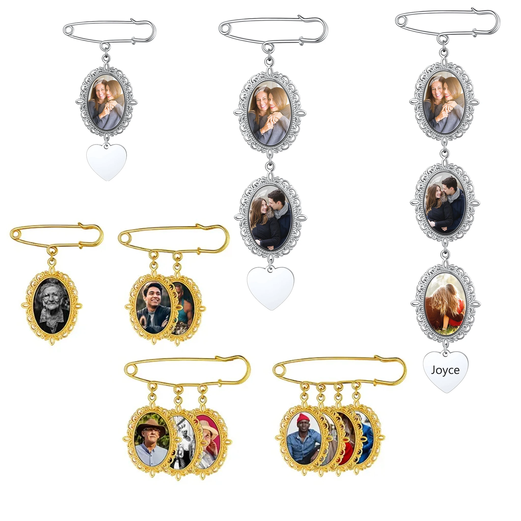 

U7 Custom Wedding Oval Bouquet Photos Charms Stainless Steel Waterproof 1-4 Memorial Picture Pin Brooch Funeral Pin Jewlery Gift
