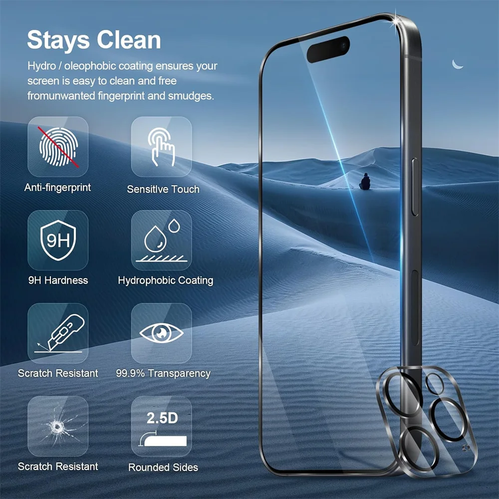 9H Camera Lens & Screen Protector For iPhone 17 16 15 Pro Max Tempered Glass For Apple iPhone 15 14 13 Pro Screen Protectors iPhone15 Plus Pelicula