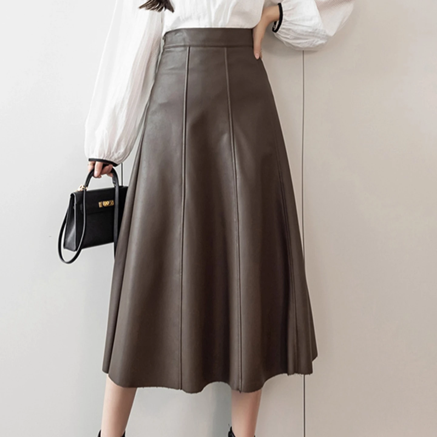 

PU Leather Skirt for Women High Waist A Line Midi Skirt Winter Office Wear Slim Fit