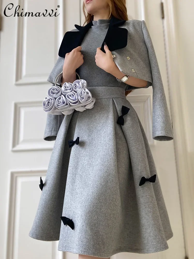 High-end Contrast Colors Slimming 3D Bow Long Skirt Long Sleeve Short Coat Skirt Sets Autumn and Winter New Ladies Two-Piece Set