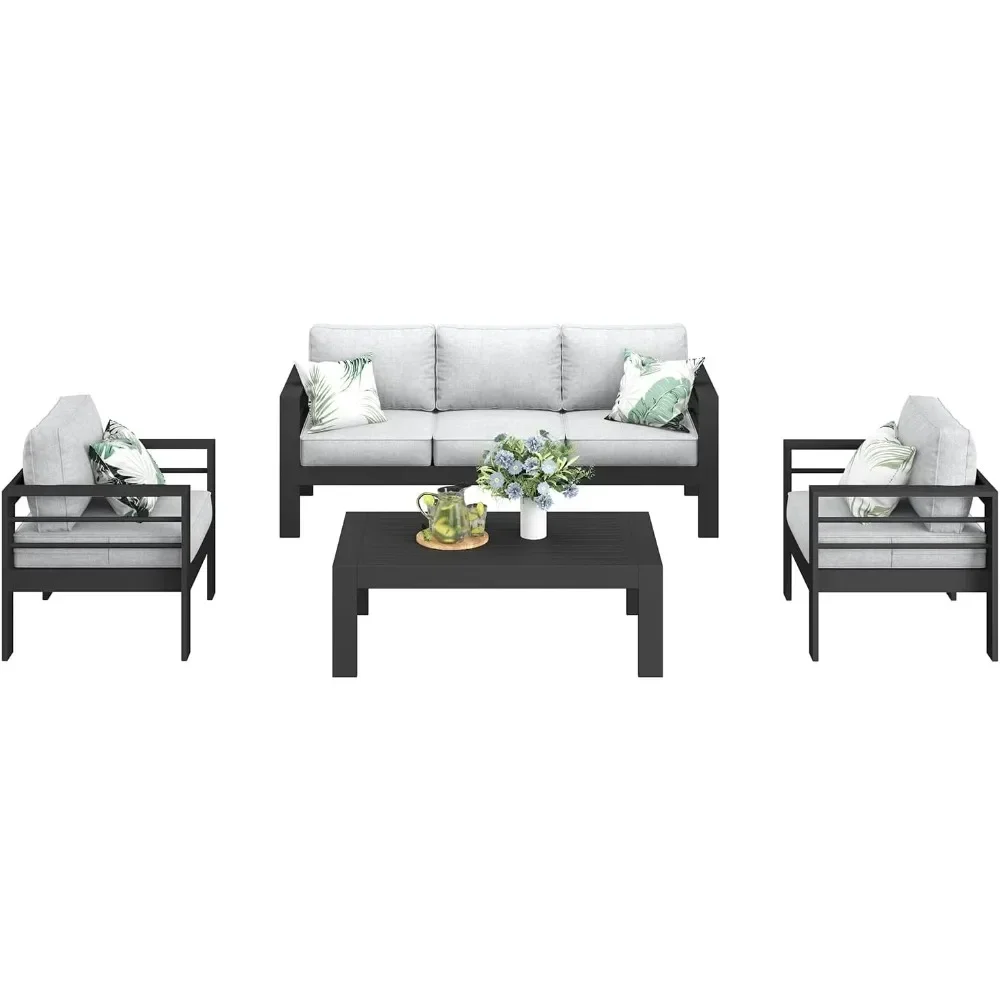 Outdoor aluminium furniture set, 4-piece set of terrace segmented conversation chat sofa, modern seating set with coffee table