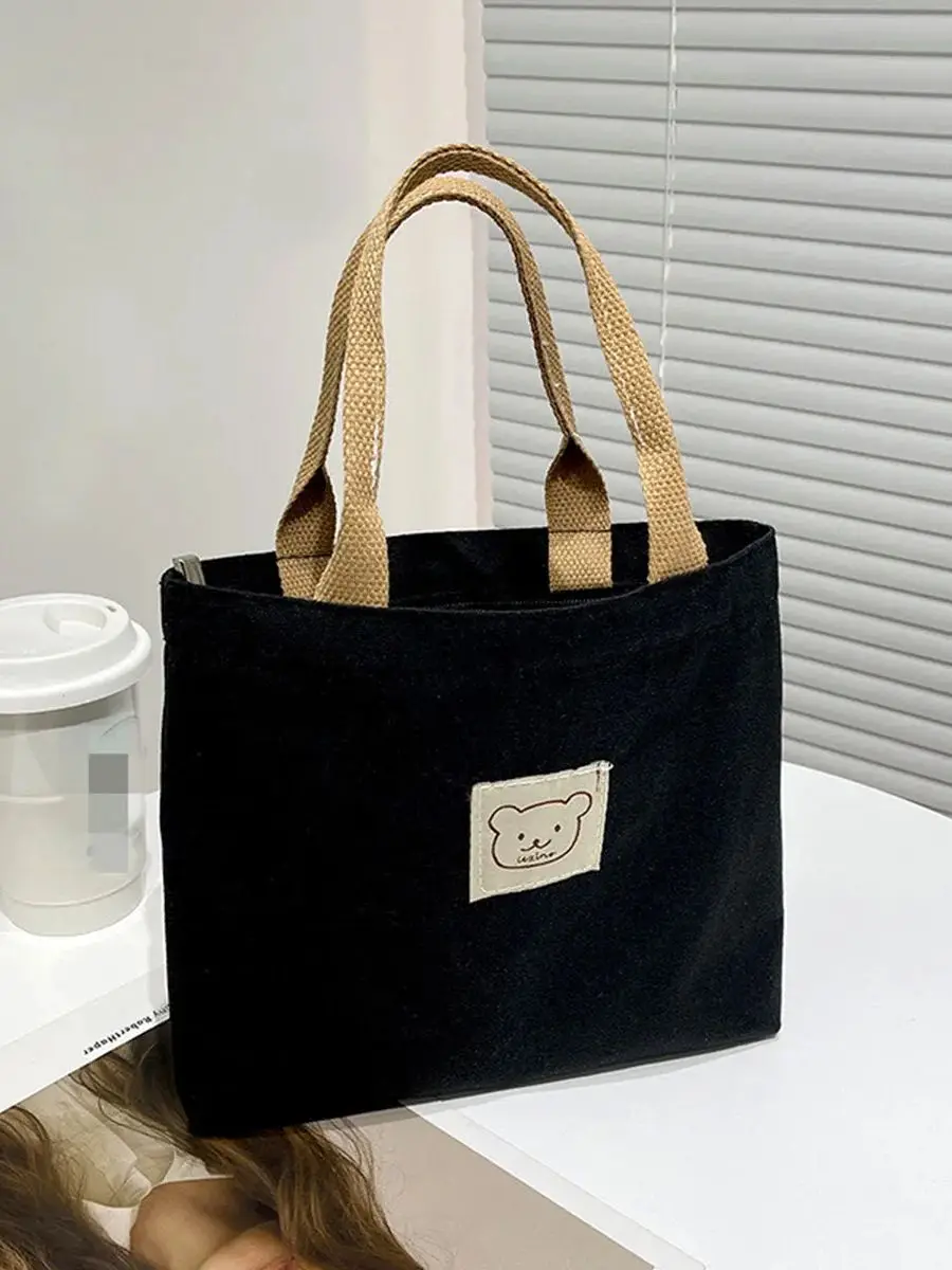 Storage Bag Bear Printed Zipper Canvas Bag Handbag Daily Necessities Storage Cosmetic Bag Bento Bag Portable Thickened Going Out