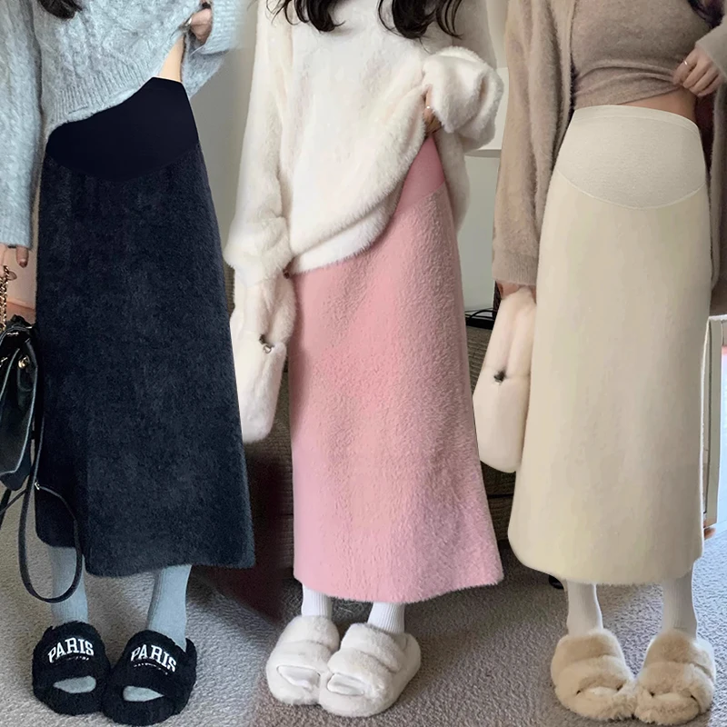 

Winter Maternity Belly Skirt Solid Color High Waist Faux Mink Fur Empired Straight Skirt Thick Warm Pregnant Woman Pencil Skirts