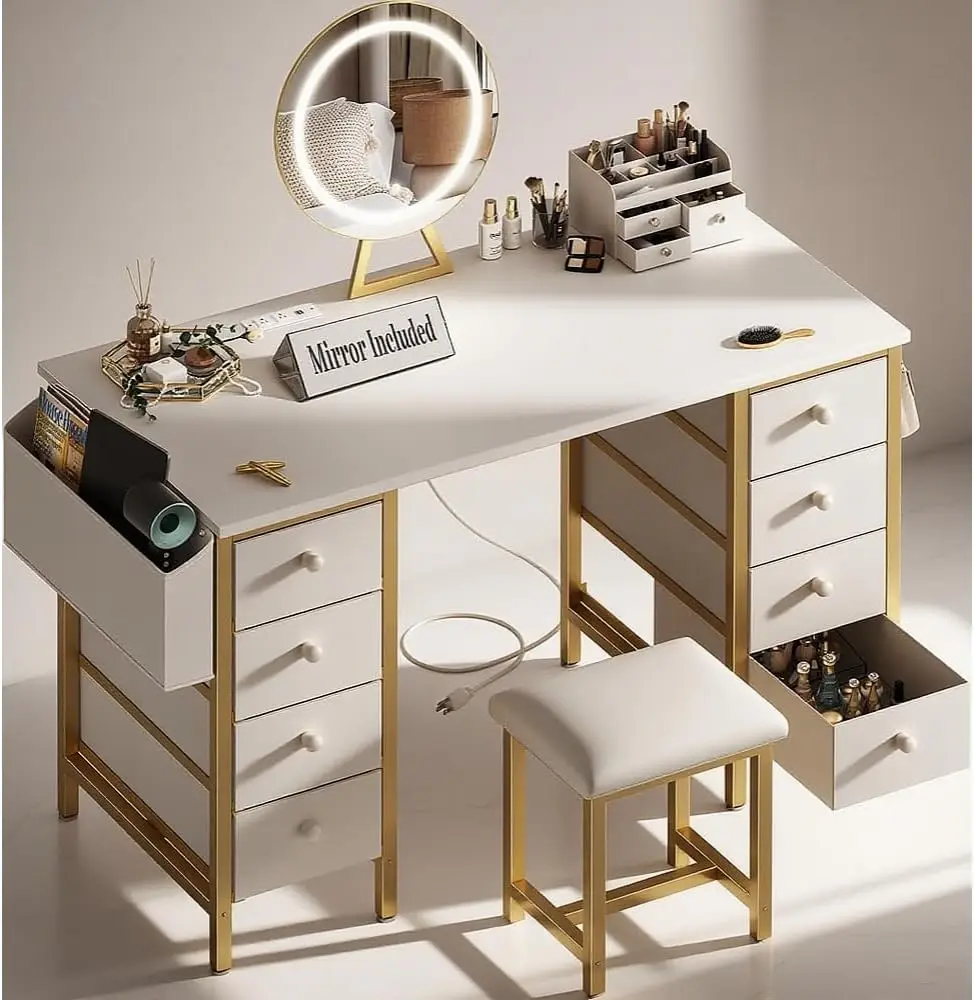 

Vanity Desk with Mirror and Light- Makeup Vanity Set Table with Chair, Storage, Lighted Mirror, 8 Fabric Drawers & Power Outlet