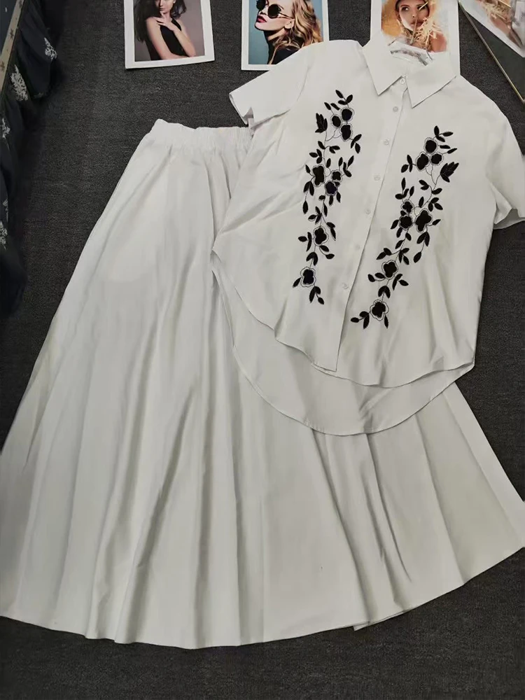 Camicia monopetto a maniche corte ricamata retrò primavera ed estate nuova + gonna in vita elastica abito a due pezzi da donna alla moda