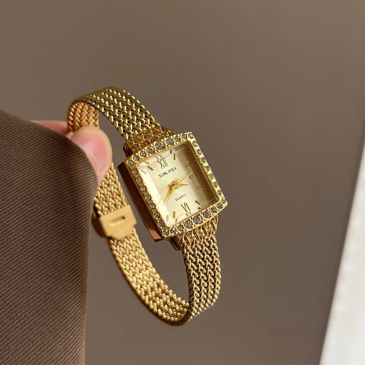 KAIRIS Women's Gold Square Quartz Watch Rhinestone Bezel Mesh Band Elegant Luxury Dress Wristwatch for Women