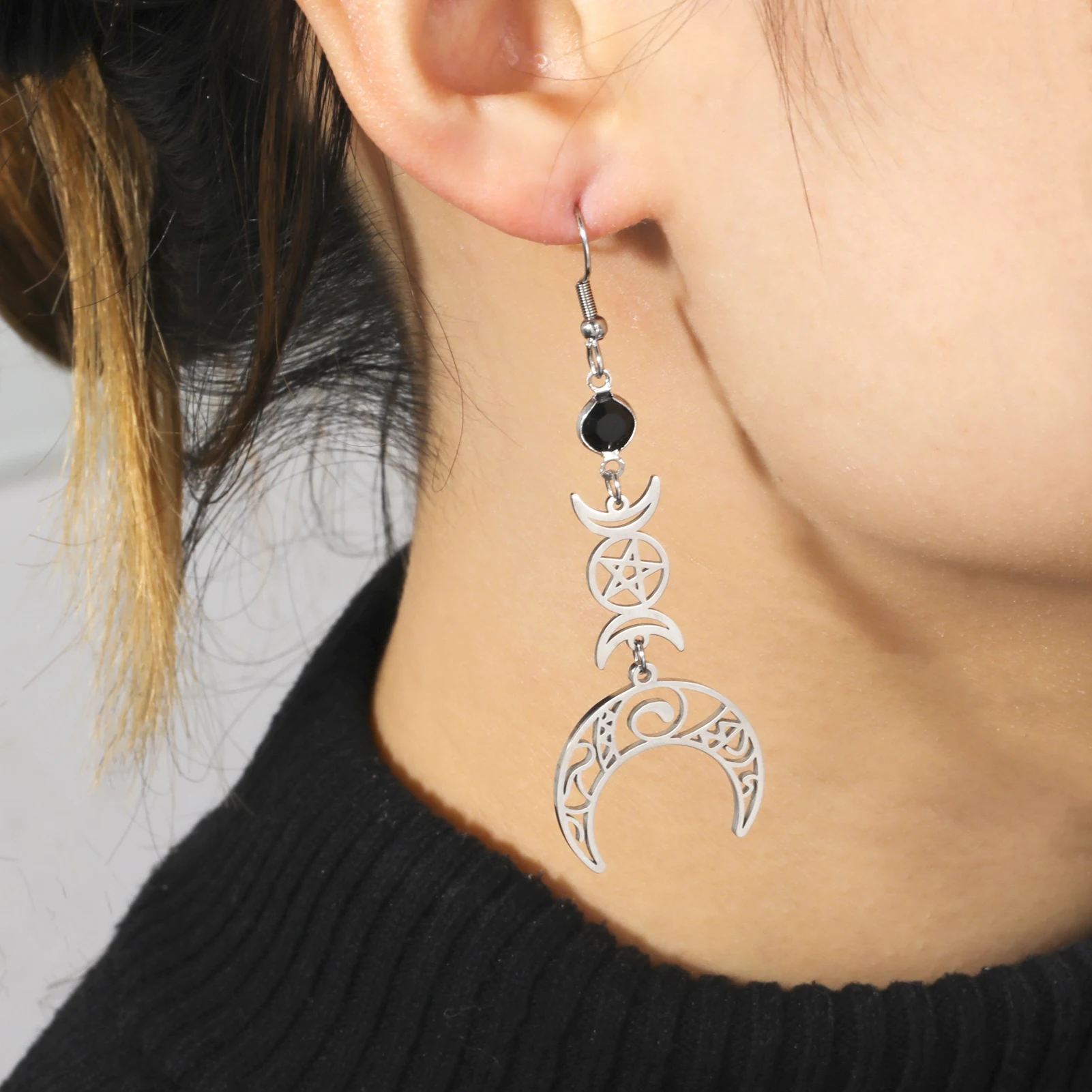Unift Goth Stainless Steel Earring Triple Rune Moon Phase Pentagram Earrings Woman Men Vintage Jewelry Ear Piercing Witch Knot