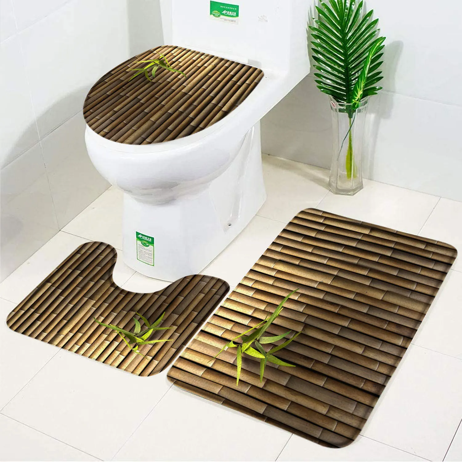 Bamboo 3pcs Bathroom Mat Sets Rural Barn Door Wood Grain Vintage Shower Rugs Carpet Toilet Lid Cover Anti Slip Bathroom Decor