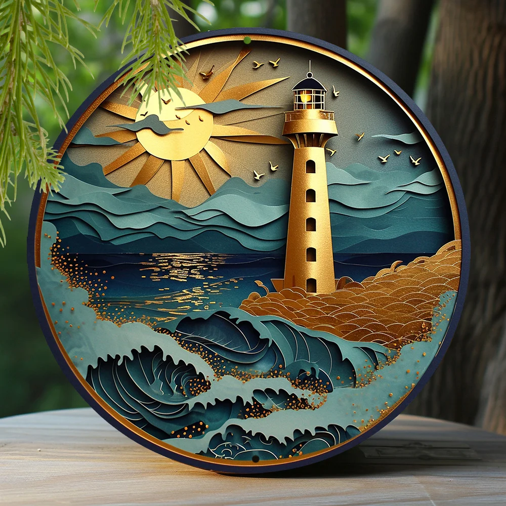 

1pc Round Aluminum Metal Sign, Creative Lighthouse Pattern Metal Sign Decor, Home Decor, Wall Decoration vintage home decor