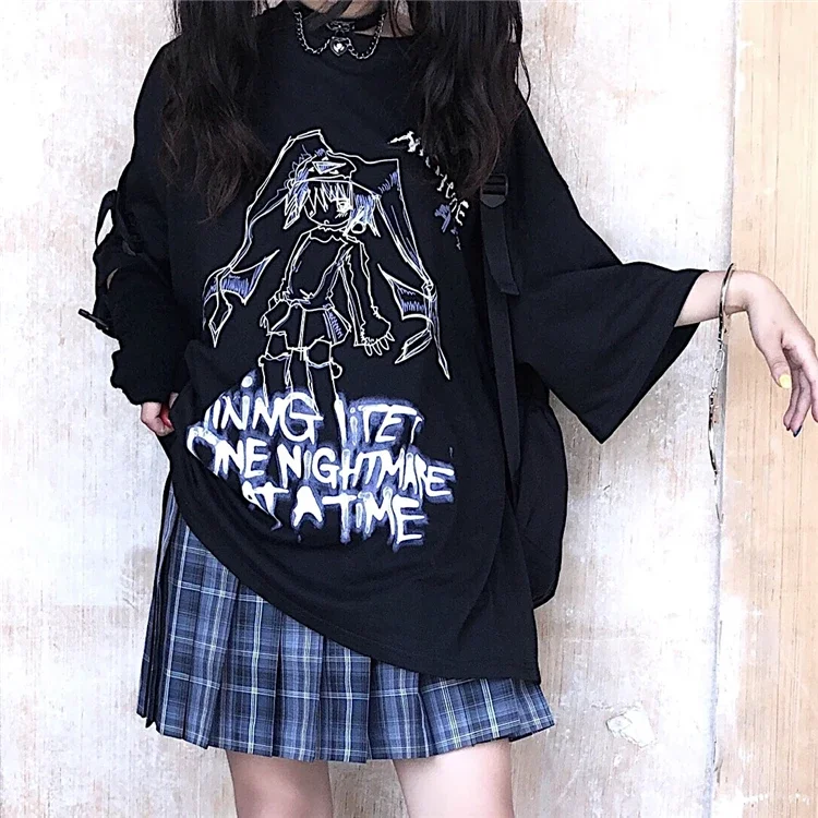 Women Girl T Shirt Goth T-shirt Anime Graphic Tshirt Streetwear Tee Tops Fairy Grunge Clothes Emo Clothing Gothic Black 2024