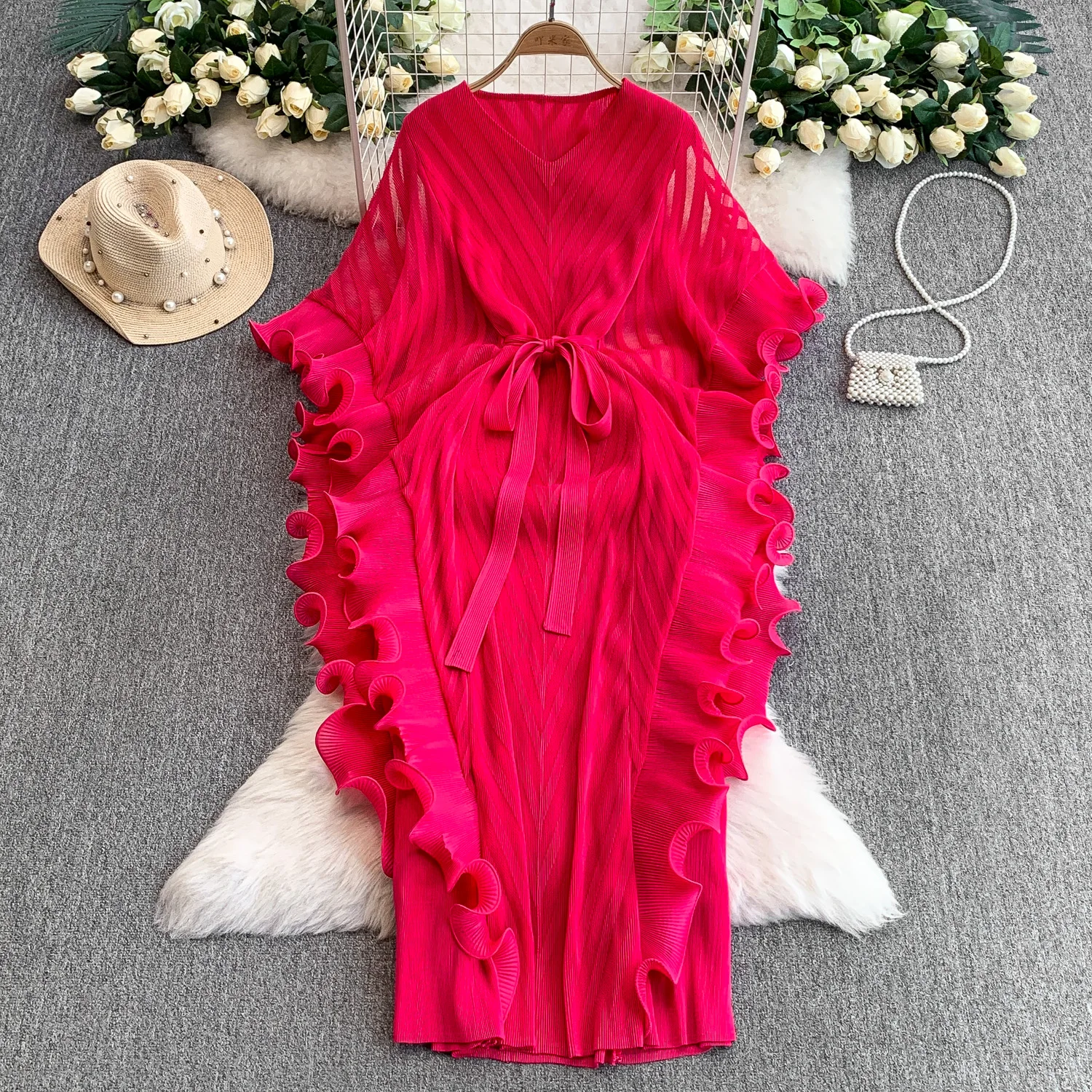 

Sexy long sleeve Edible Tree Fungus V-neck slim Dress Chic Vintage Evening Party Club Women Chic Summer Beach Long Dresses