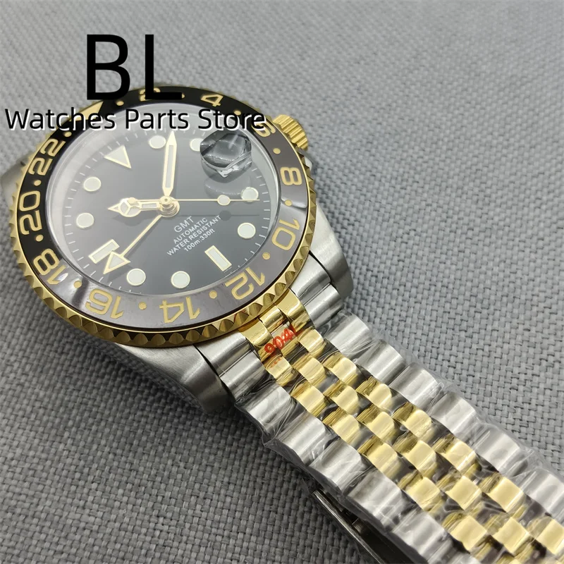 BLIGER 40mm Two-Tone Silver Gold Rotational Case Jubilee Bracelet NH34 GMT Watch For Men Ceramic Black Gray Bezel Sapphire Glass