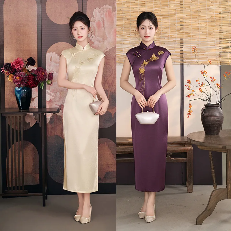 

Spring and Summer New Qipao Improved Plus Size Long Purple New Chinese Style Temperament Satin Dress Qipao