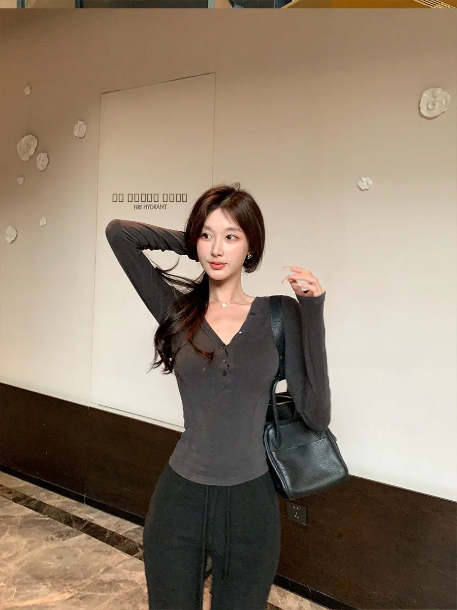 

Женская трикотажная футболка Achi ey V-Ne с длинным рукавом, облегающая, для ношения под одеждой, модная, повседневная, удобная