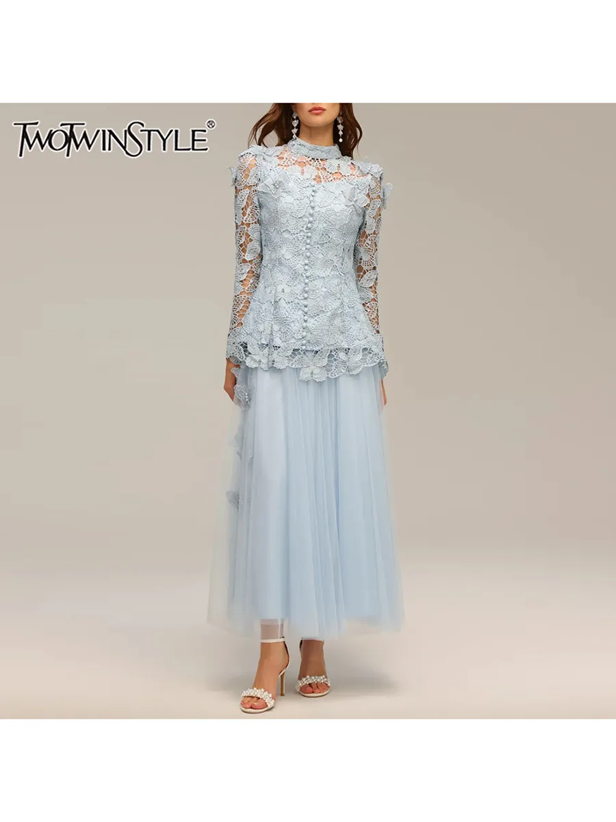 TWOTWINSTYLE Solid Hollow Out Spliced Lace Two Piece Set For Women Round Neck Long Sleeves Top High Waist Skirt Sets Female New