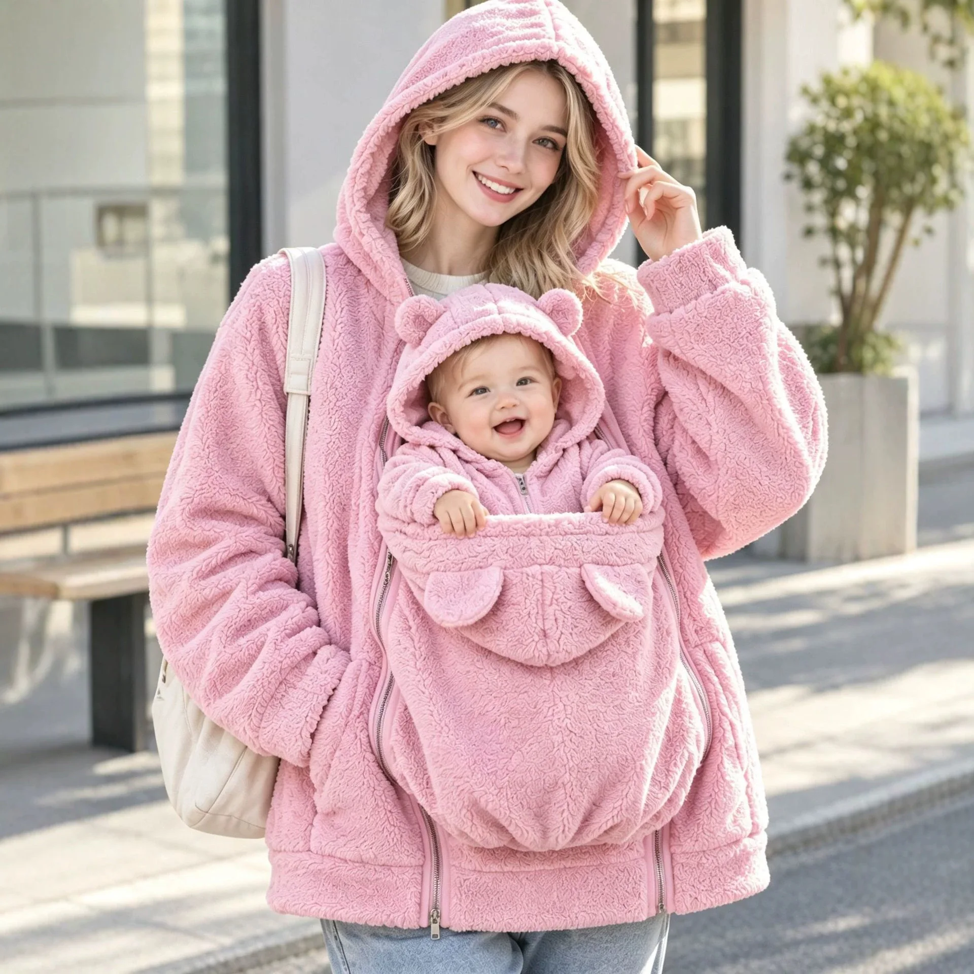 2026 New Women Autumn Winter Hooded Fleece Jacket Solid Color Zip Up Coat with Kangaroo Pocket Outfit Parent-child Outerwear