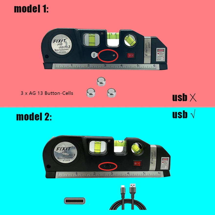 Laser Level USB Rechargeable Horizon Vertical Measure 8FT Aligner Standard And Metric Rulers Multipurpose Measure Level Laser