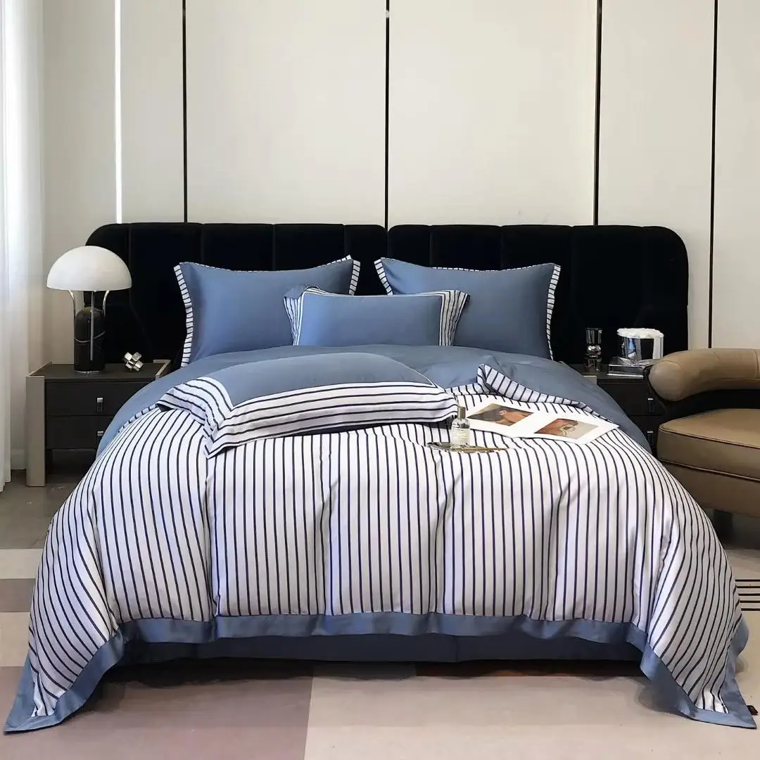 

80S High Count Lyocell Stripe цифровая печать пододеяльник пододеяльник наволочки синяя простыня комплект постельного белья из четырех предметов