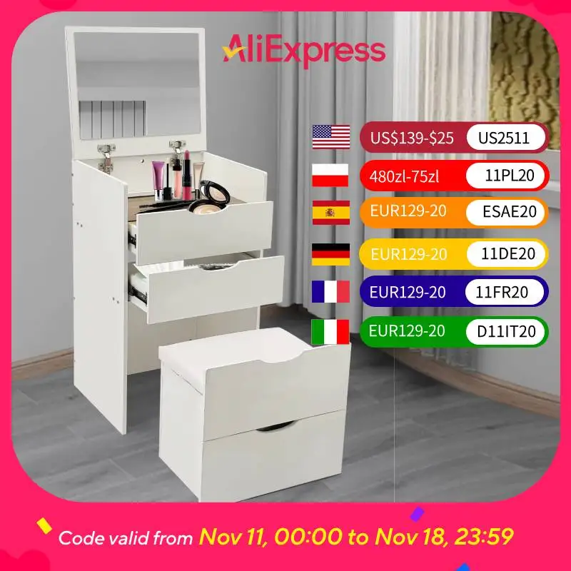 48CM Makeup Table with Makeup Stool, Cabinet with 3 Drawers , +Flip Mirror Modern Style Cream White