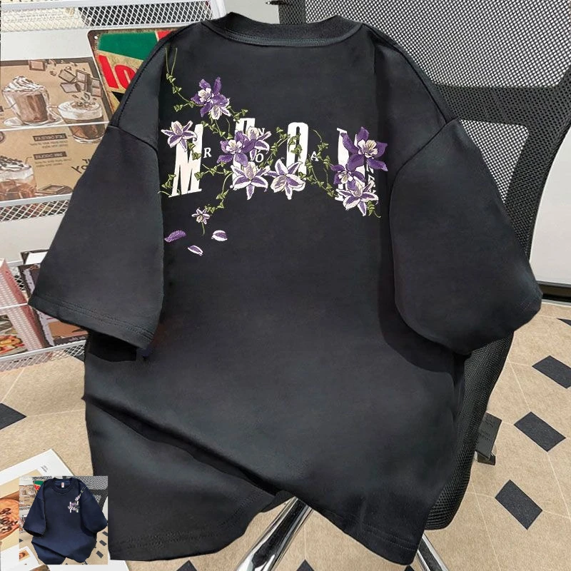 كرمة زهرة تي شيرت مطبوع الرجال والنساء الصيف العصرية العلامة التجارية الأمريكية قصيرة الأكمام المتضخم شارع العليا القطن نصف كم #5