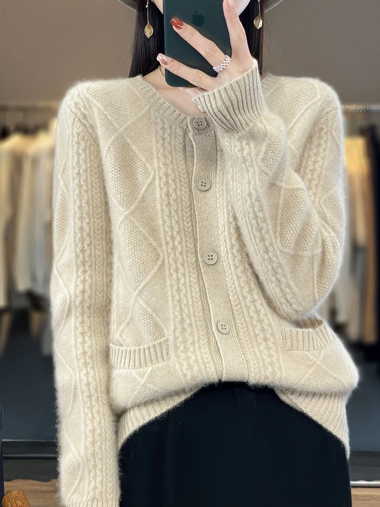 

Yoyoselect Autumn Winter Women Casual Cardigan O-Neck Long Sleeve Sweater Twist Flower 100% Merino Wool Knitwear Pocket Soft Top