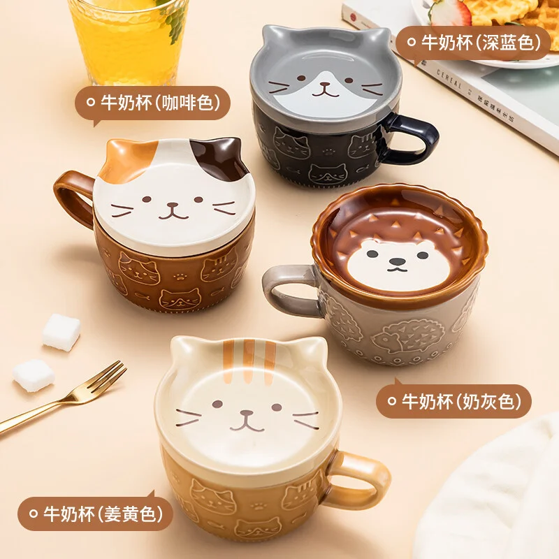 European Animal Ceramic Coffee Cup with Lid Cartoon Mug Couple Coffee Cup Breakfast Milk  Gift Home Ceramic Drinking