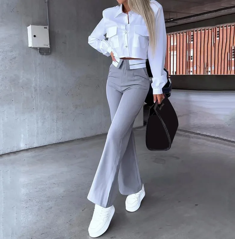 Autumn New Fashion Loose Commute Pants Set with White Short Long Sleeved Shirt Paired with High Waisted Slim Straight Leg Pants