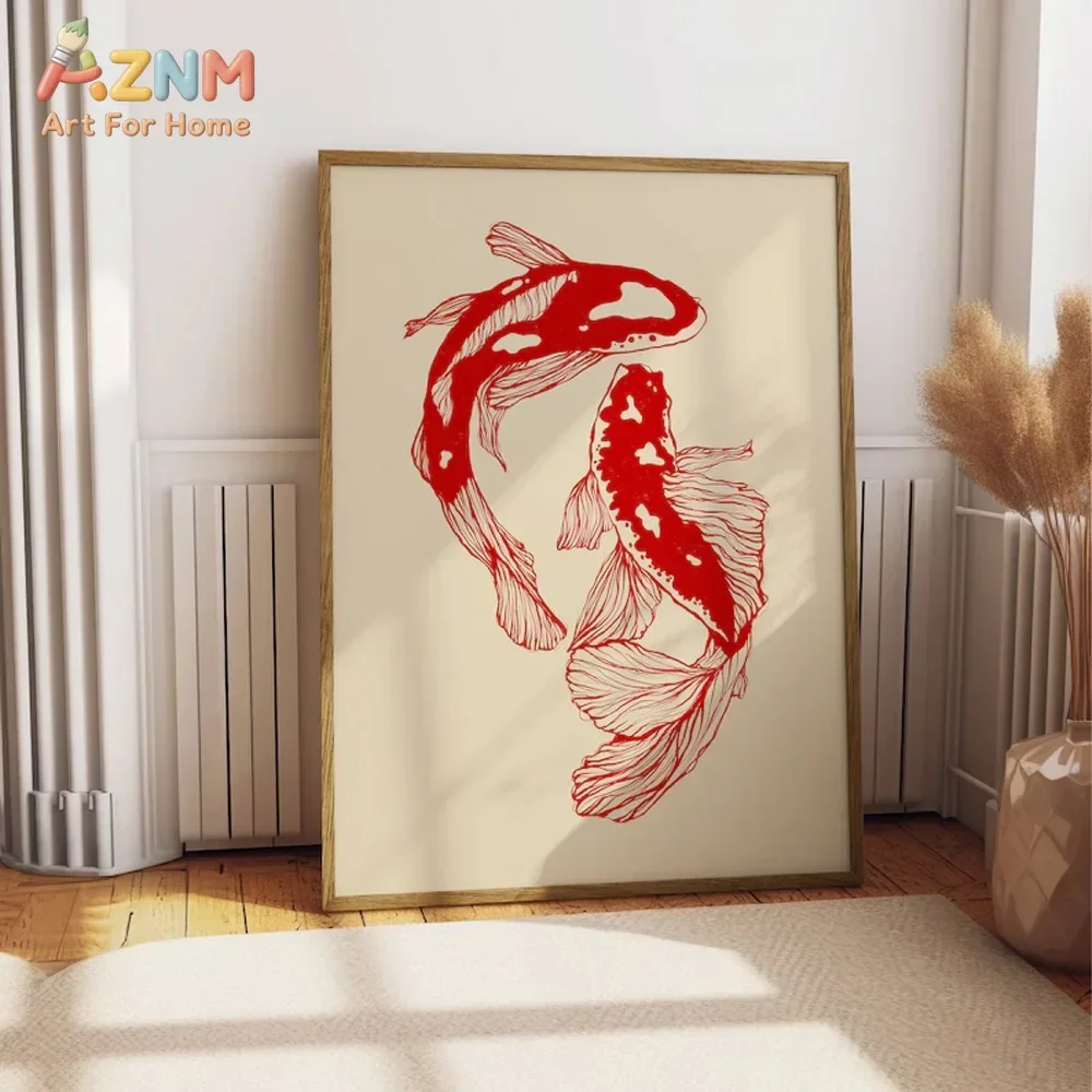 AZNM Red Line Koi Fish Canvas Wall Art, Vintage Oriental Carp Line Art Print, Frameless Canvas Painting for Living Room Home Dec