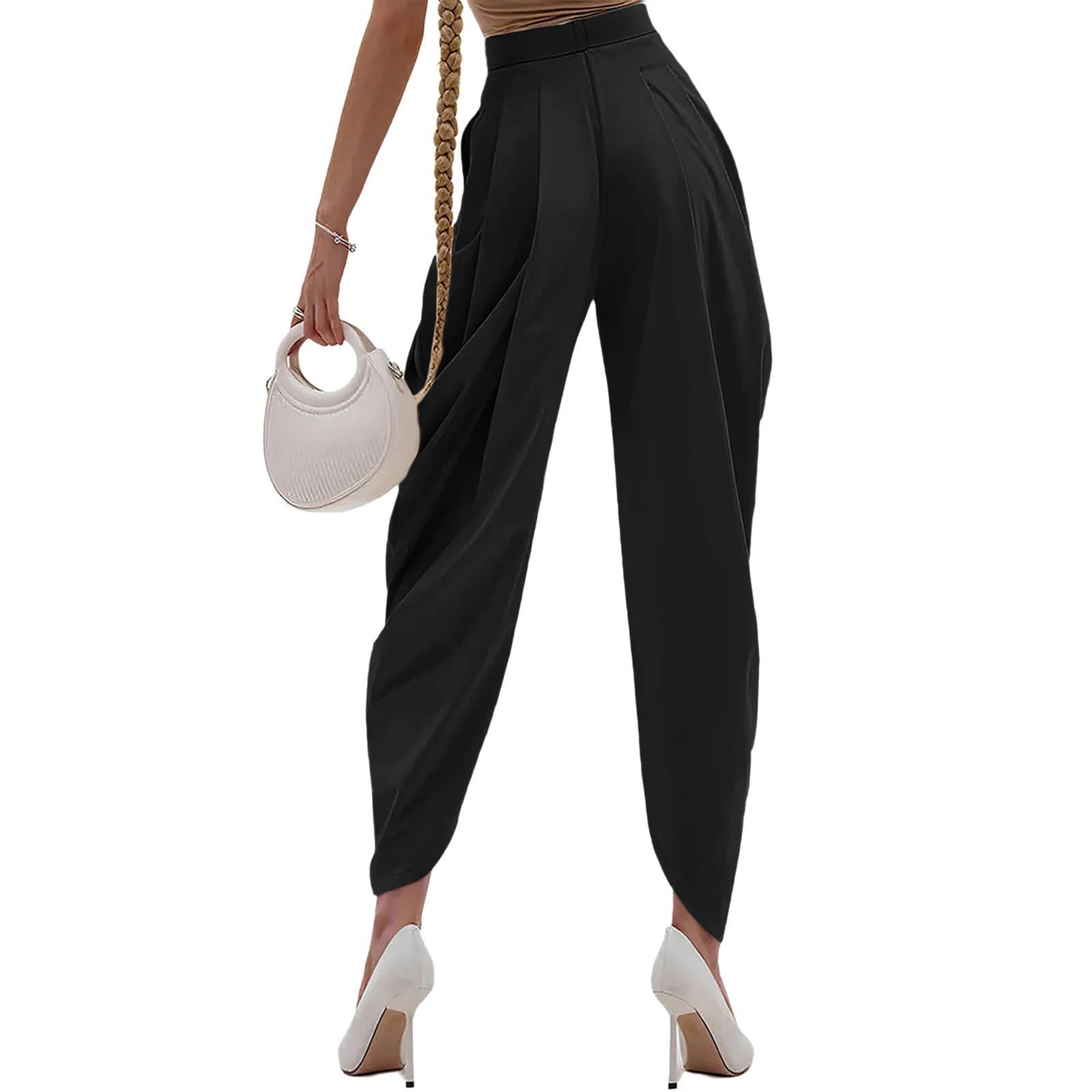 여성용 우아한 블루머 바지 앞주름 디테일 루즈핏 솔리드 컬러 배럴 팬츠 롱 팬츠 오피스 휴가용