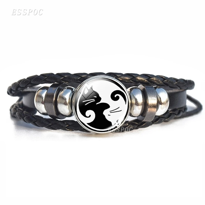 Black and White Tai Chi Snap Button Bracelet Yin Yang Jewelry Steampunk Men Leather Handmade Bangle Weave Men Gifts